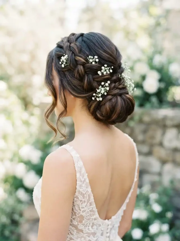 Floral Braided Updo-Flattering wedding hairstyles