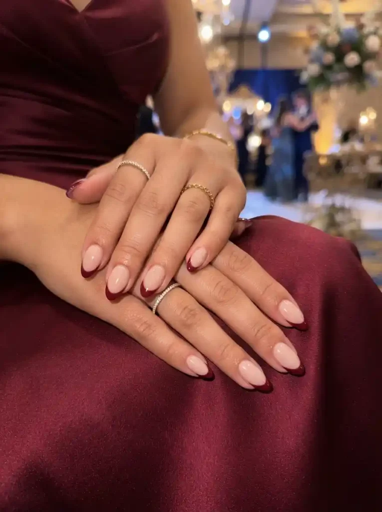 Burgundy French Almonds-Prom Nail Ideas