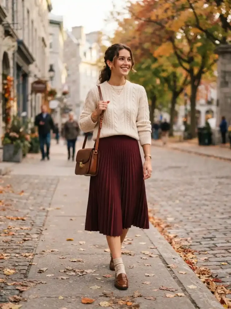 Cable-Knit Sweater & Pleated Skirt-Preppy Fall Outfit Ideas