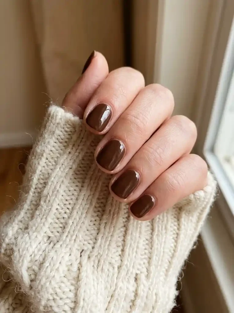 Glossy Chocolate Brown Simple October Nails 