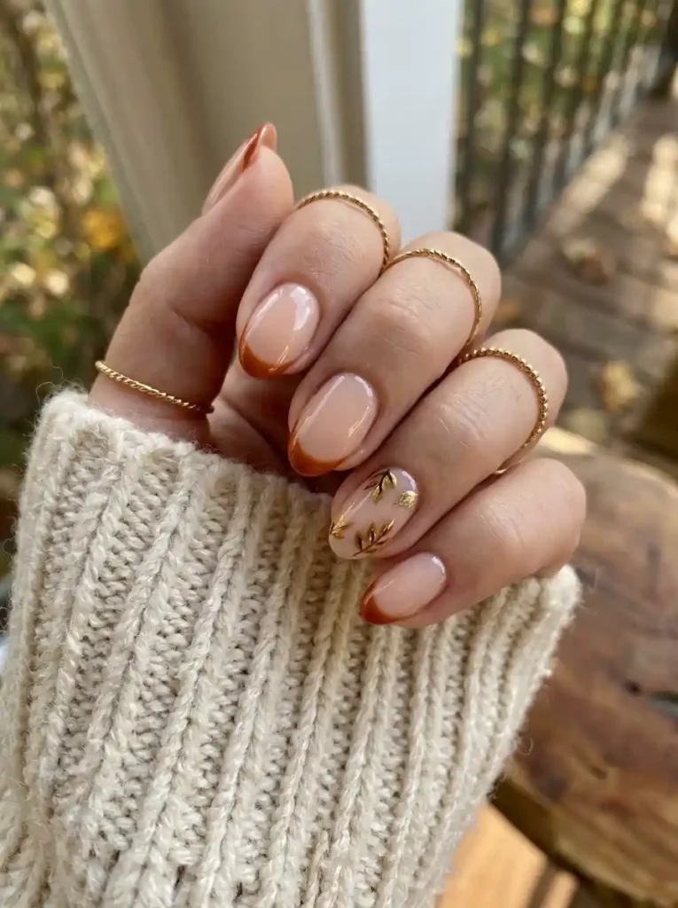 French Tip Nails with Fall Leaves