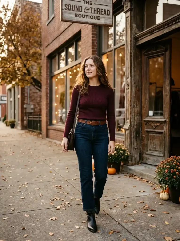  Burgundy Top with Dark Denim