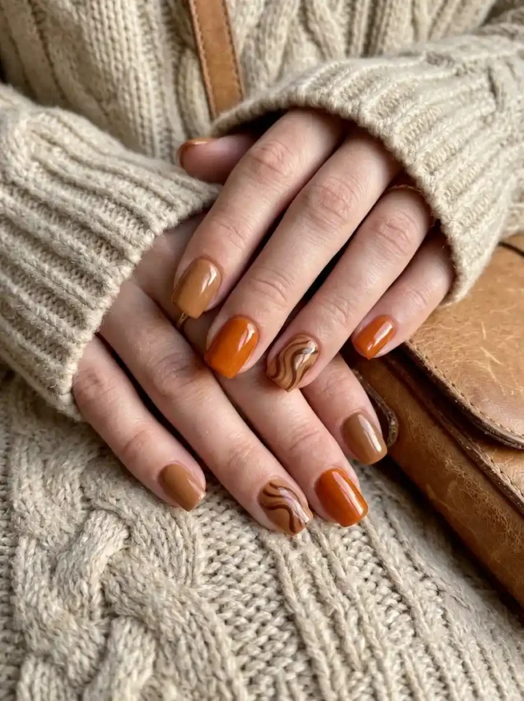 Caramel Brown and Pumpkin Orange Nails