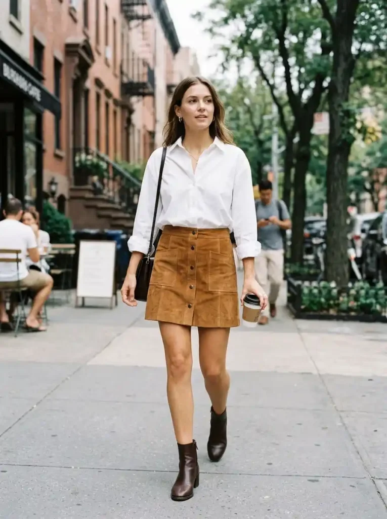White Button-Down with a Suede Mini Skirt