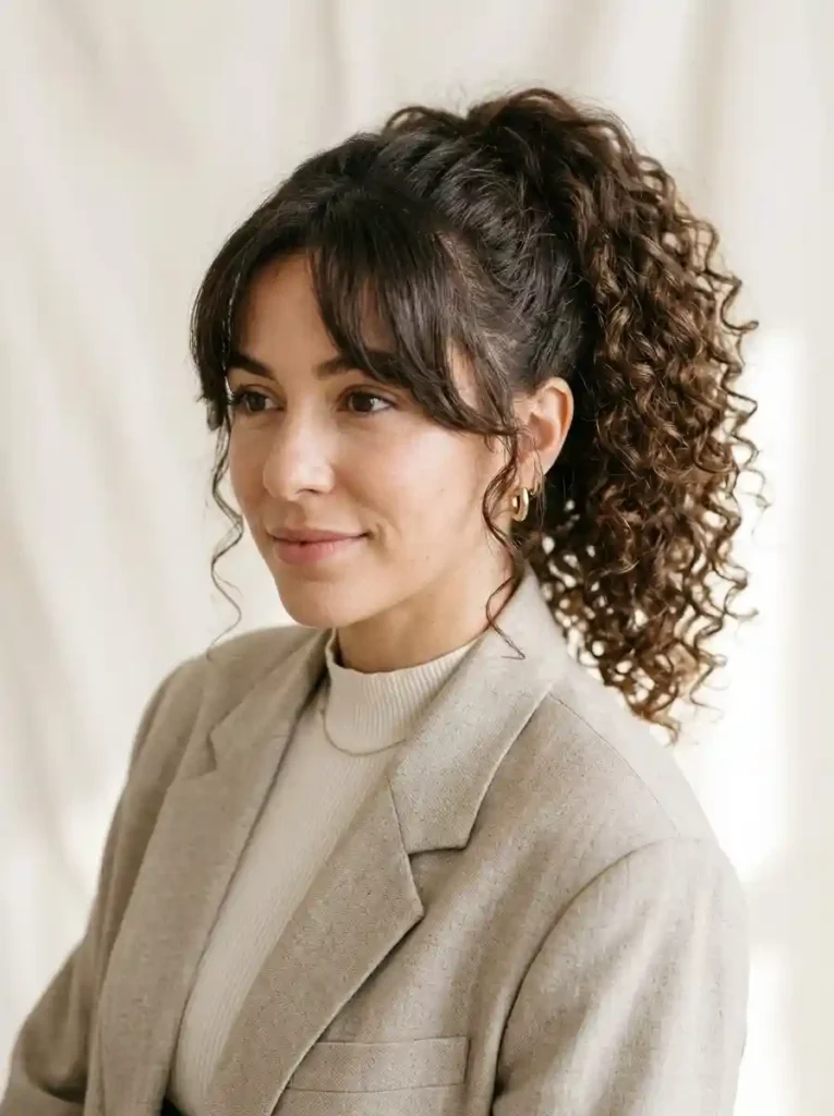 Curly Ponytail With Curtain Bangs