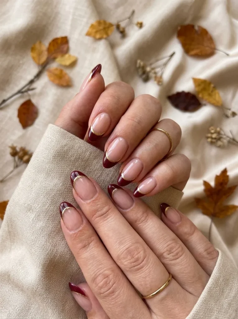 Burgundy and Gold French Tips