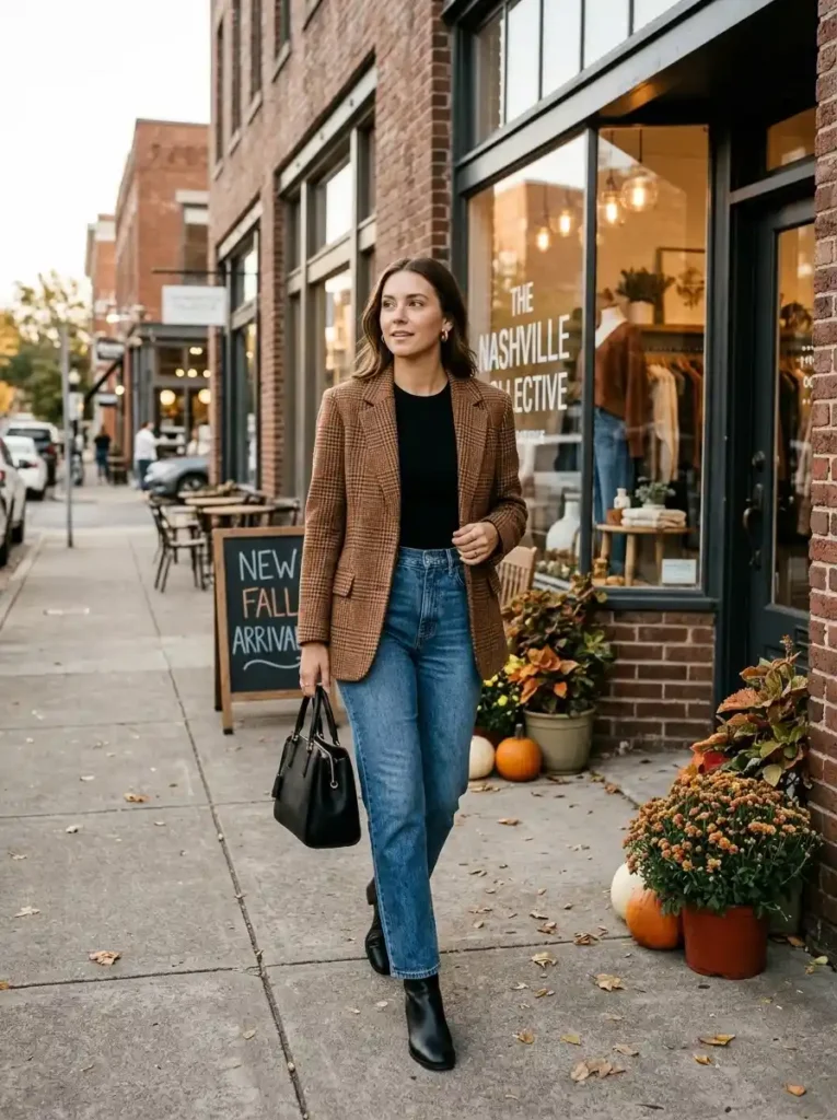 Plaid Blazer with Straight-Leg Jeans