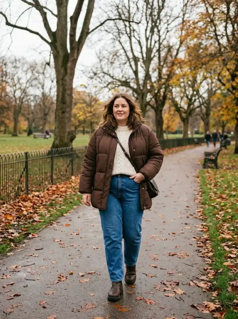 Puffer Jacket and Straight-Leg Jeans