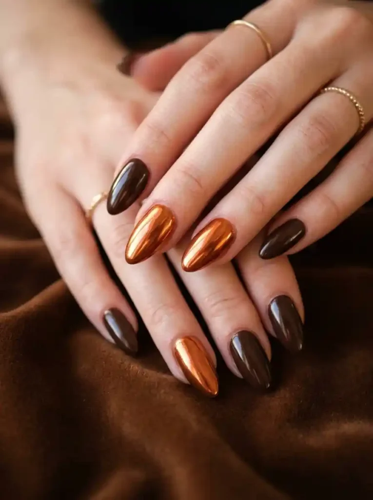 Brown and Orange Chrome Nails
