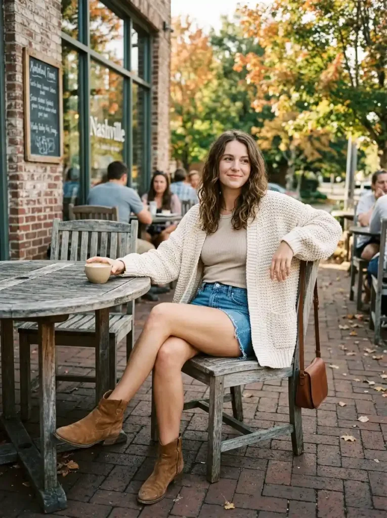  Chunky Cardigan with Denim Shorts