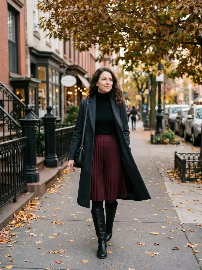Black Turtleneck and Pleated Midi Skirt