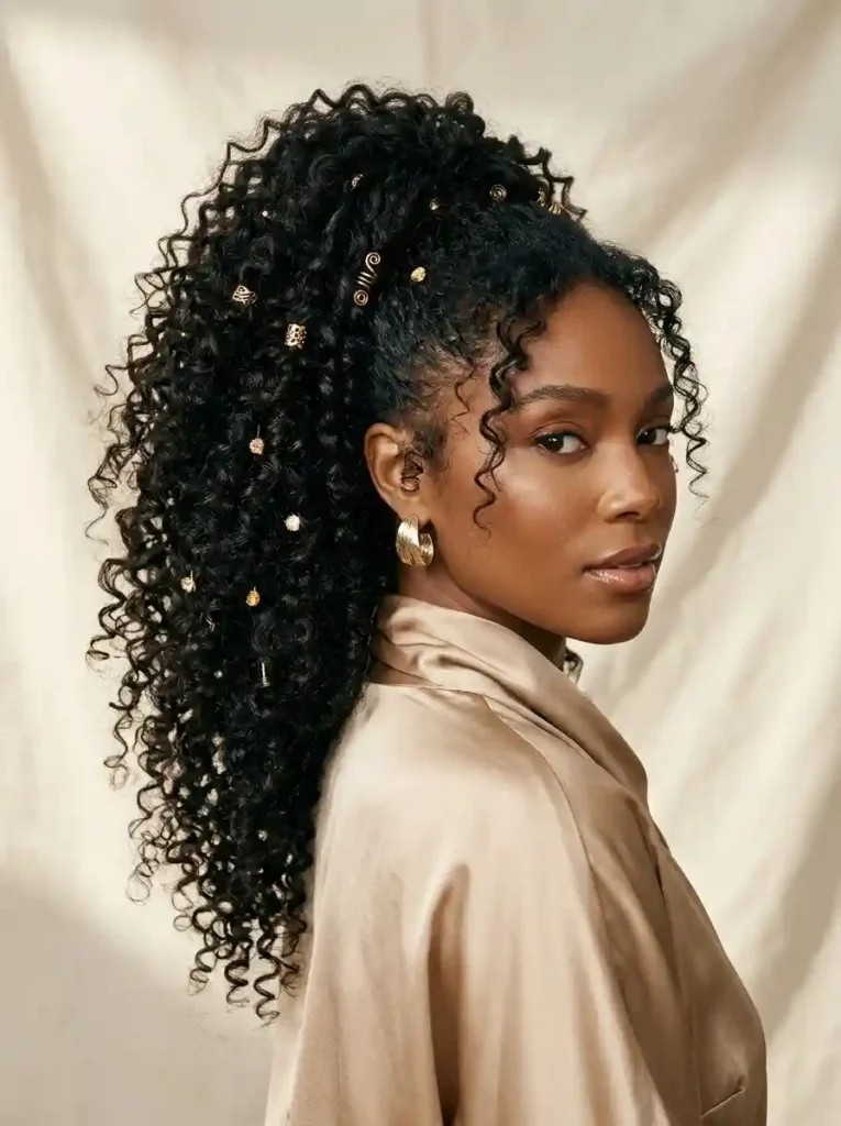 Curly Ponytail With Golden Hair Accessories