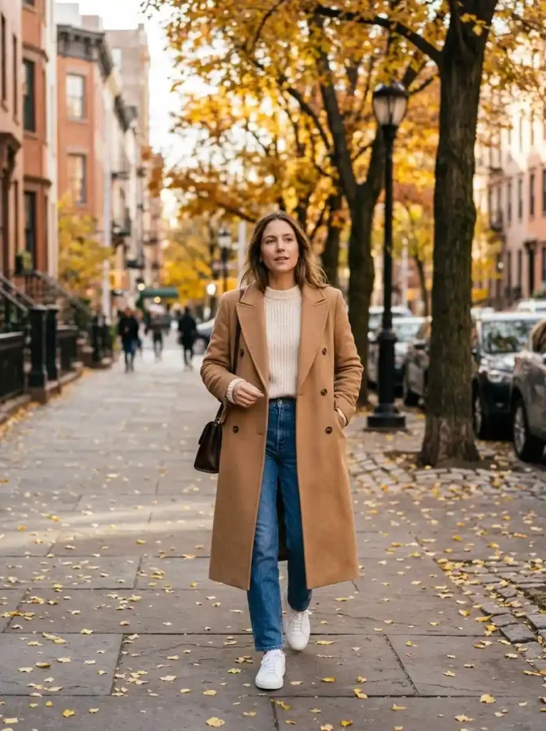Long Wool Coat and Trainers