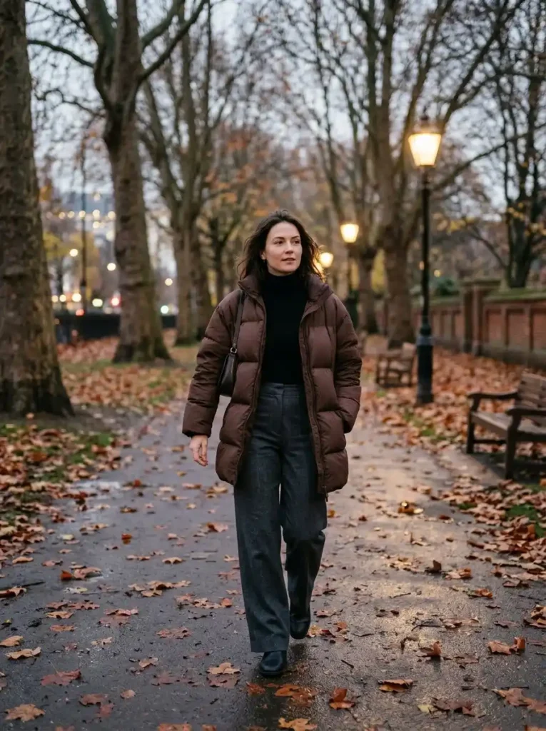  Puffer Jacket and Wide-Leg Trousers