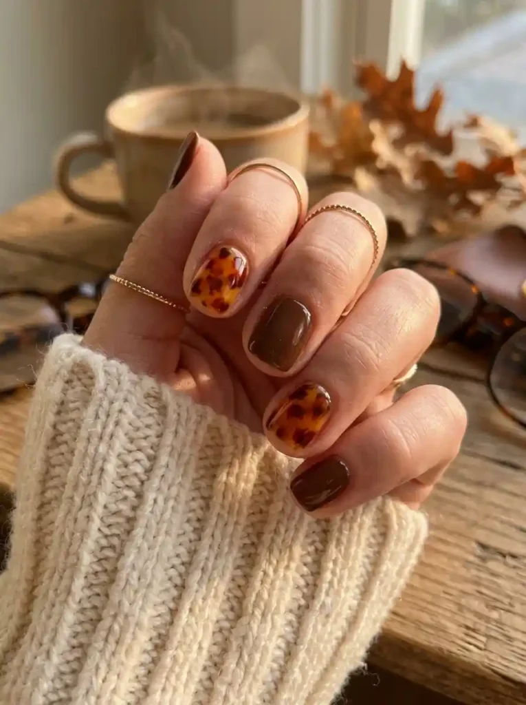 Short Tortoiseshell Accent Gel Nails