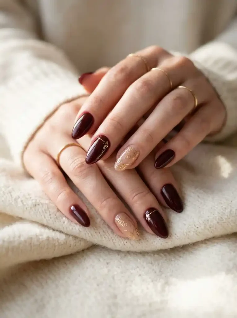  Burgundy and Gold Nails