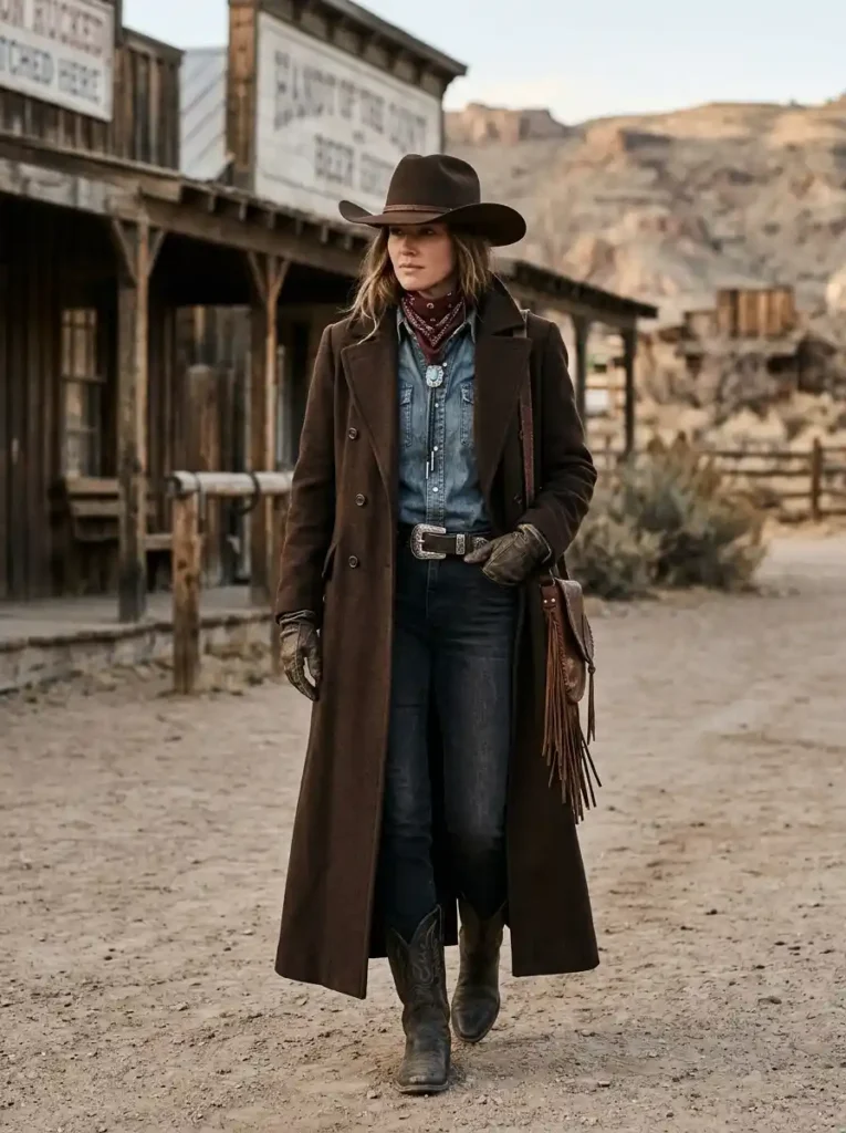 Long Wool Coat with Western Accessories