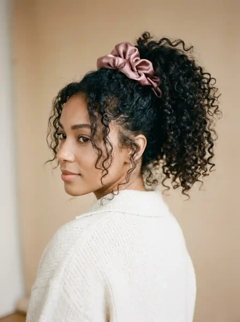 High Curly Ponytail With a Scrunchie