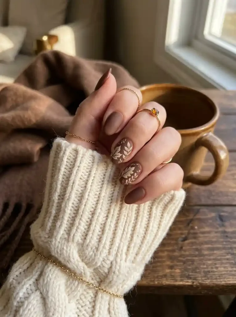 Matte Brown Leaf Nails