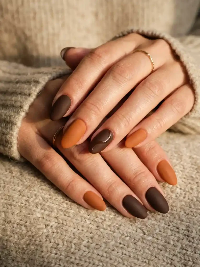  Matte Brown and Orange Nails