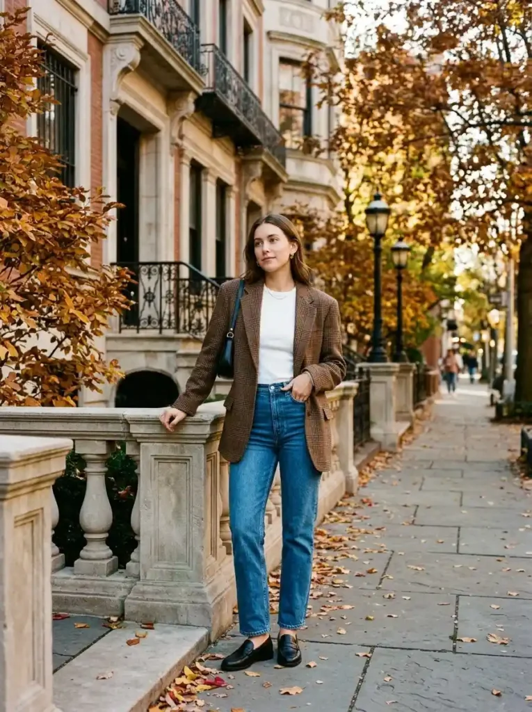 Plaid Blazer and Straight-Leg Jeans